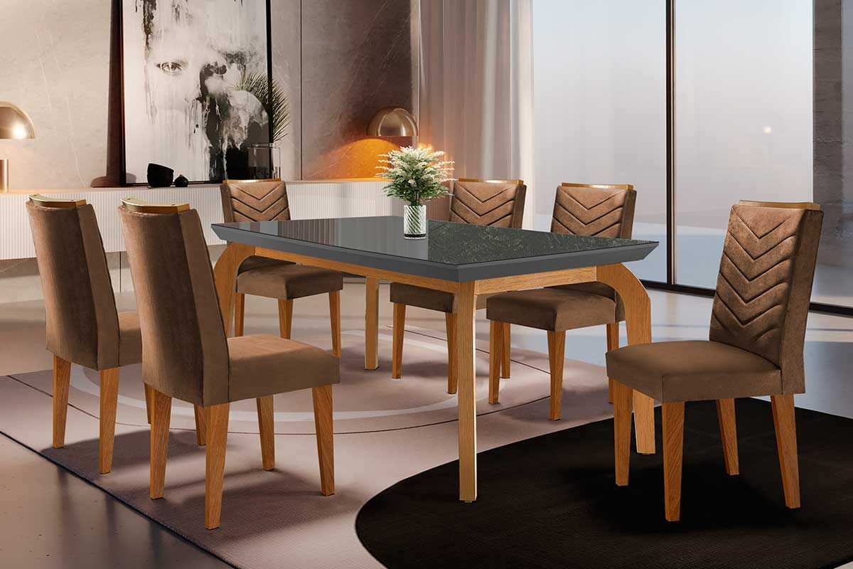 Sala Jantar Mesa Londrina c/ Tampo Madeirado c/ Vidro Canto Curvo 180x90cm e 6 cadeiras Londrina - Rufato