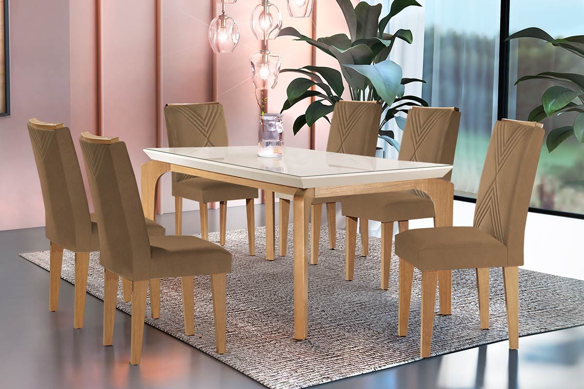 Sala Jantar Mesa Londrina c/ Tampo Madeirado c/ Vidro Canto Curvo 180x90cm e 6 cadeiras Amsterdã - Rufato