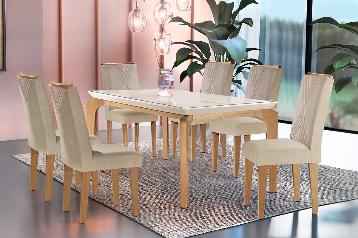 Sala Jantar Mesa Londrina c/ Tampo Madeirado c/ Vidro Canto Curvo 180x90cm e 6 cadeiras Amsterdã - Rufato