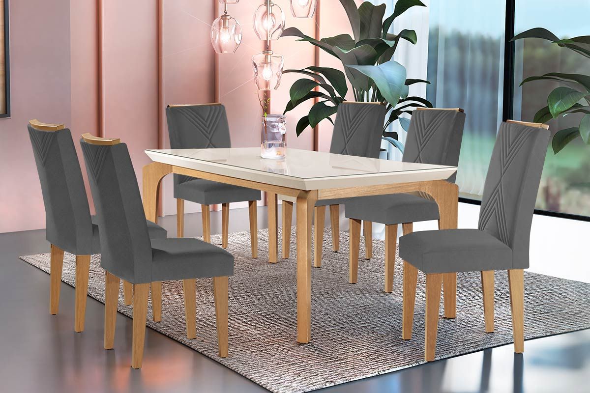 Sala Jantar Mesa Londrina c/ Tampo Madeirado c/ Vidro Canto Curvo 180x90cm e 6 cadeiras Amsterdã - Rufato