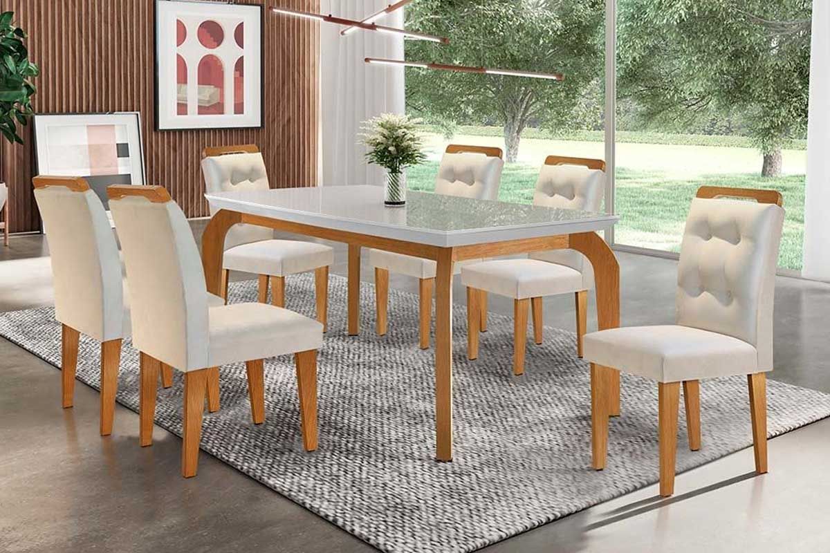 Sala Jantar Mesa Londrina c/ Tampo Madeirado c/ Vidro Canto Curvo 180x90cm e 6 cadeiras Imperatriz - Rufato