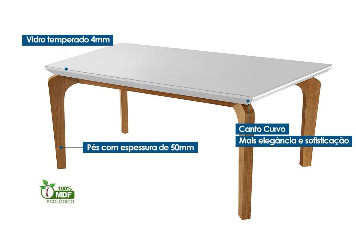 Sala Jantar Mesa Londrina c/ Tampo Madeirado c/ Vidro Canto Curvo 180x90cm e 6 cadeiras Jade - Rufato