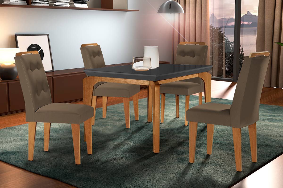 Sala Jantar Mesa Londrina c/ Tampo Madeirado c/ Vidro Canto Curvo 120x80cm e 4 cadeiras Imperatriz - Rufato