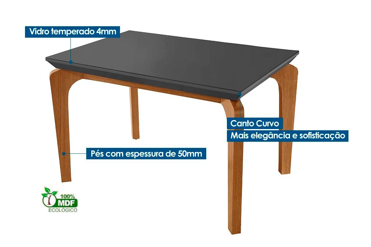 Sala Jantar Mesa Londrina c/ Tampo Madeirado c/ Vidro Canto Curvo 120x80cm e 4 cadeiras Imperatriz - Rufato