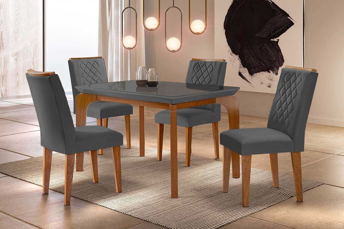 Sala Jantar Mesa Londrina c/ Tampo Madeirado c/ Vidro Canto Curvo 120x80cm e 4 cadeiras Jade - Rufato