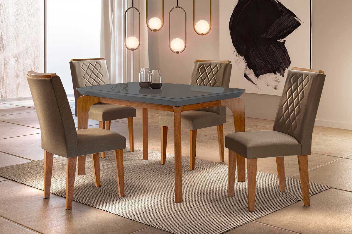 Sala Jantar Mesa Londrina c/ Tampo Madeirado c/ Vidro Canto Curvo 120x80cm e 4 cadeiras Jade - Rufato
