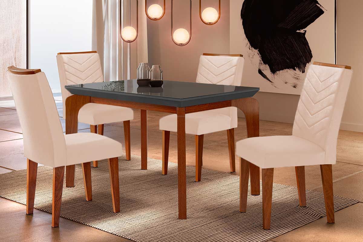 Sala Jantar Mesa Londrina c/ Tampo Madeirado c/ Vidro Canto Curvo 120x80cm e 4 cadeiras Londrina - Rufato