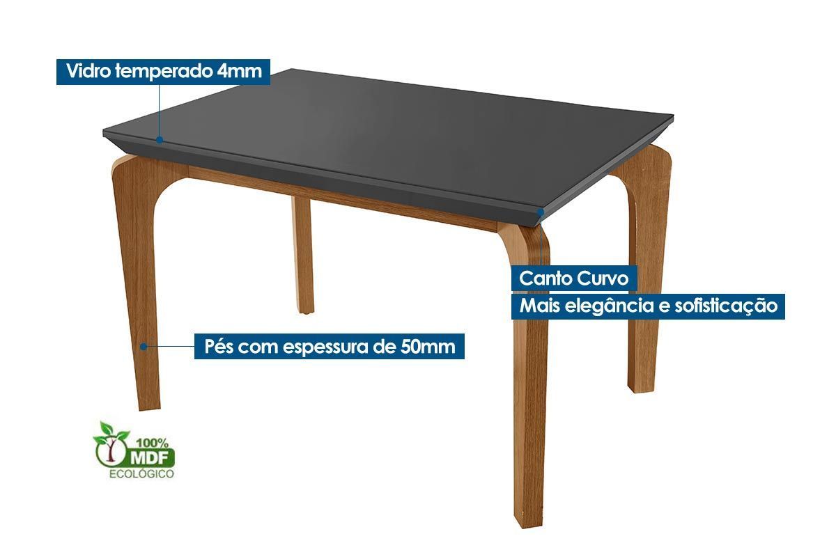 Sala Jantar Mesa Londrina c/ Tampo Madeirado c/ Vidro Canto Curvo 120x80cm e 4 cadeiras Londrina - Rufato