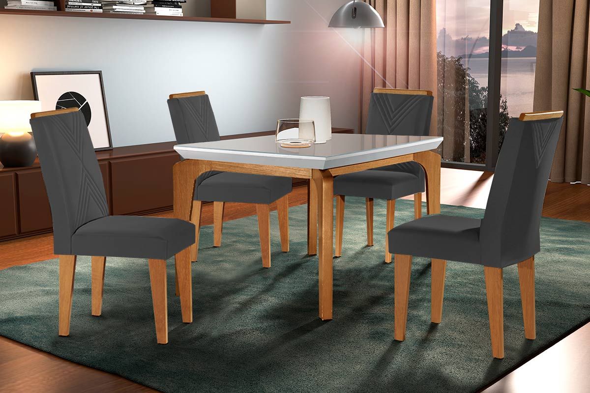 Sala Jantar Mesa Londrina c/ Tampo Madeirado c/ Vidro Canto Curvo 120x80cm e 4 cadeiras Amsterdã - Rufato
