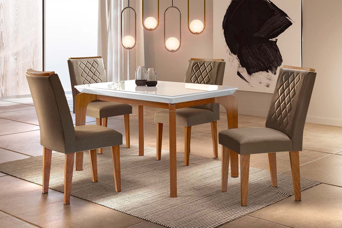 Sala Jantar Mesa Londrina c/ Tampo Madeirado c/ Vidro Canto Curvo 120x80cm e 4 cadeiras Jade - Rufato