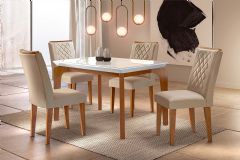 Sala Jantar Mesa Londrina c/ Tampo Madeirado c/ Vidro Canto Curvo 120x80cm e 4 cadeiras Jade - Rufato