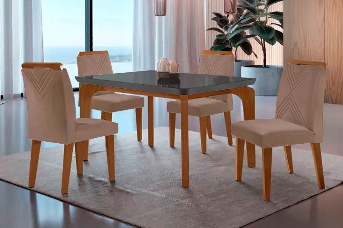 Sala Jantar Mesa Londrina c/ Tampo Madeirado c/ Vidro Canto Curvo 120x80cm e 4 cadeiras Amsterdã - Rufato