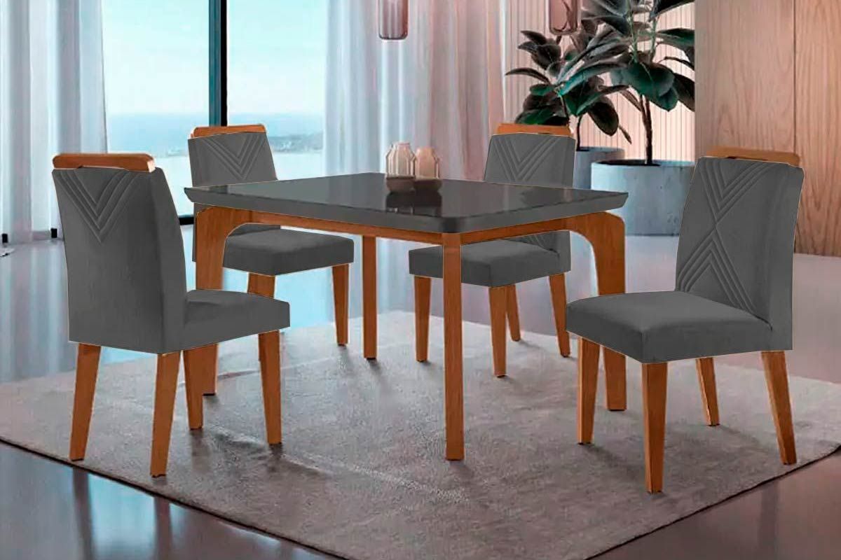 Sala Jantar Mesa Londrina c/ Tampo Madeirado c/ Vidro Canto Curvo 120x80cm e 4 cadeiras Amsterdã - Rufato