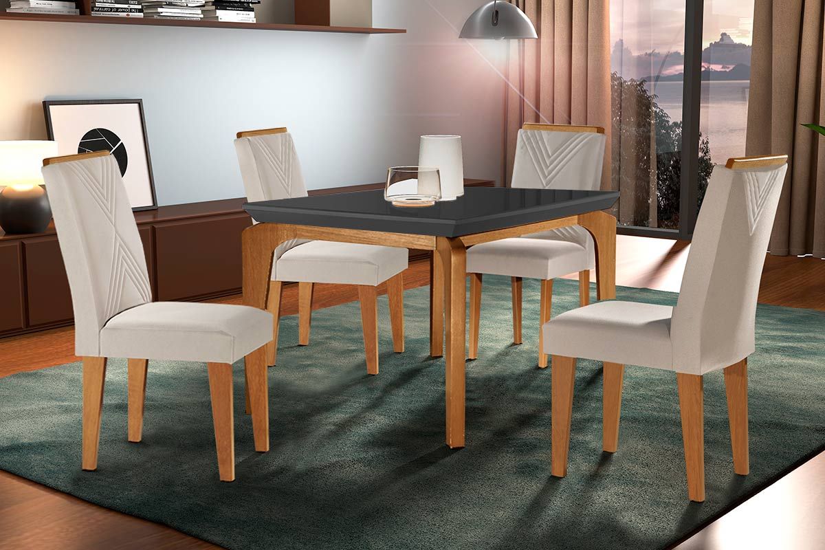Sala Jantar Mesa Londrina c/ Tampo Madeirado c/ Vidro Canto Reto 120x80cm e 4 cadeiras Amsterdã - Rufato