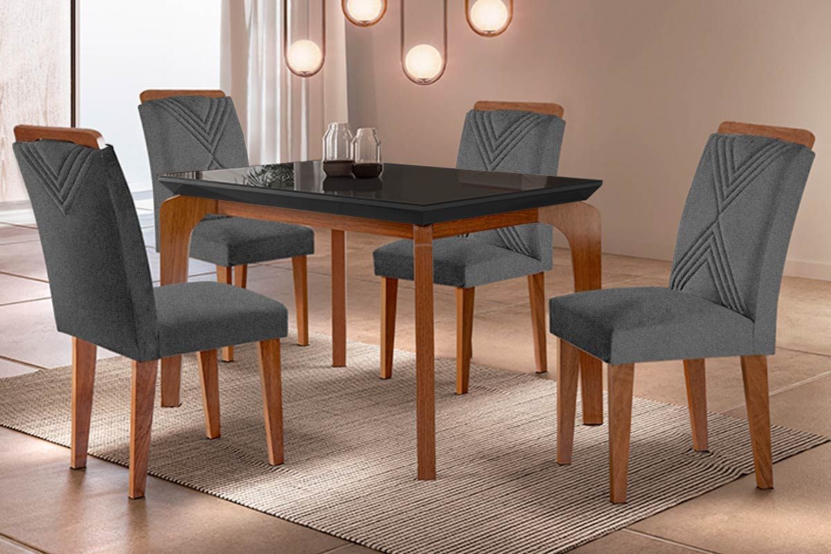 Sala Jantar Mesa Londrina Tampo MDF/Vidro Canto Curvo 120cm + 4cadeiras Amsterdã - Rufato