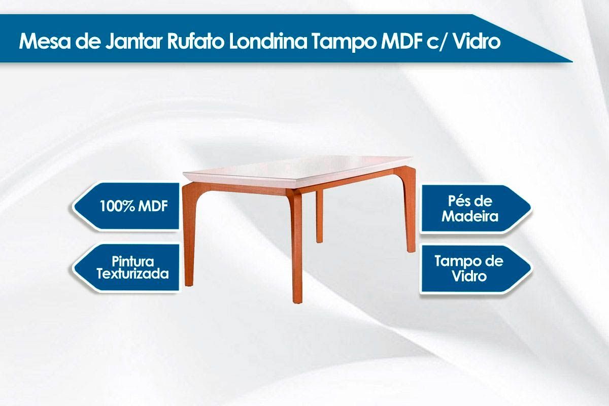 Sala Jantar Mesa Londrina Tampo MDF/Vidro Canto Curvo 120cm + 4cadeiras Amsterdã - Rufato