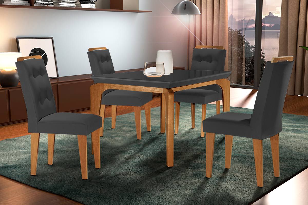 Sala Jantar Mesa Londrina c/ Tampo Madeirado c/ Vidro Canto Reto 120x80cm e 4 cadeiras Imperatriz - Rufato