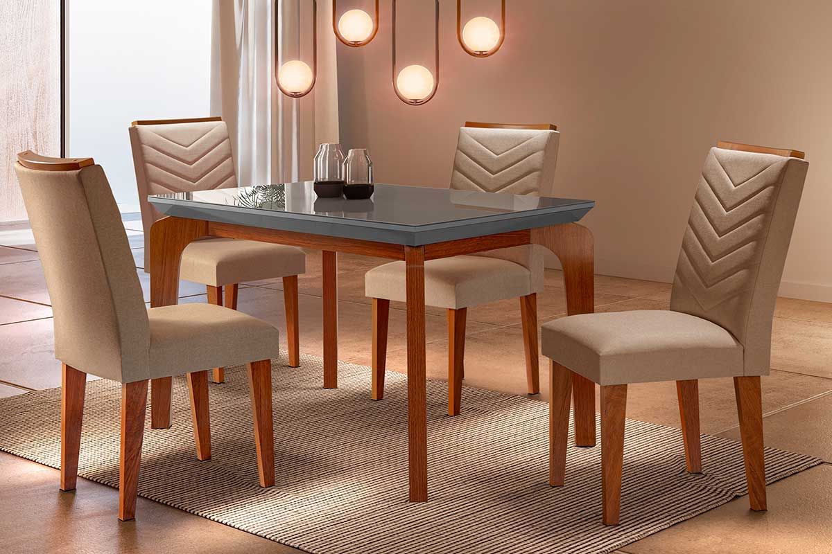 Sala Jantar Mesa Londrina c/ Tampo Madeirado c/ Vidro Canto Reto 120x80cm e 4 cadeiras Londrina - Rufato