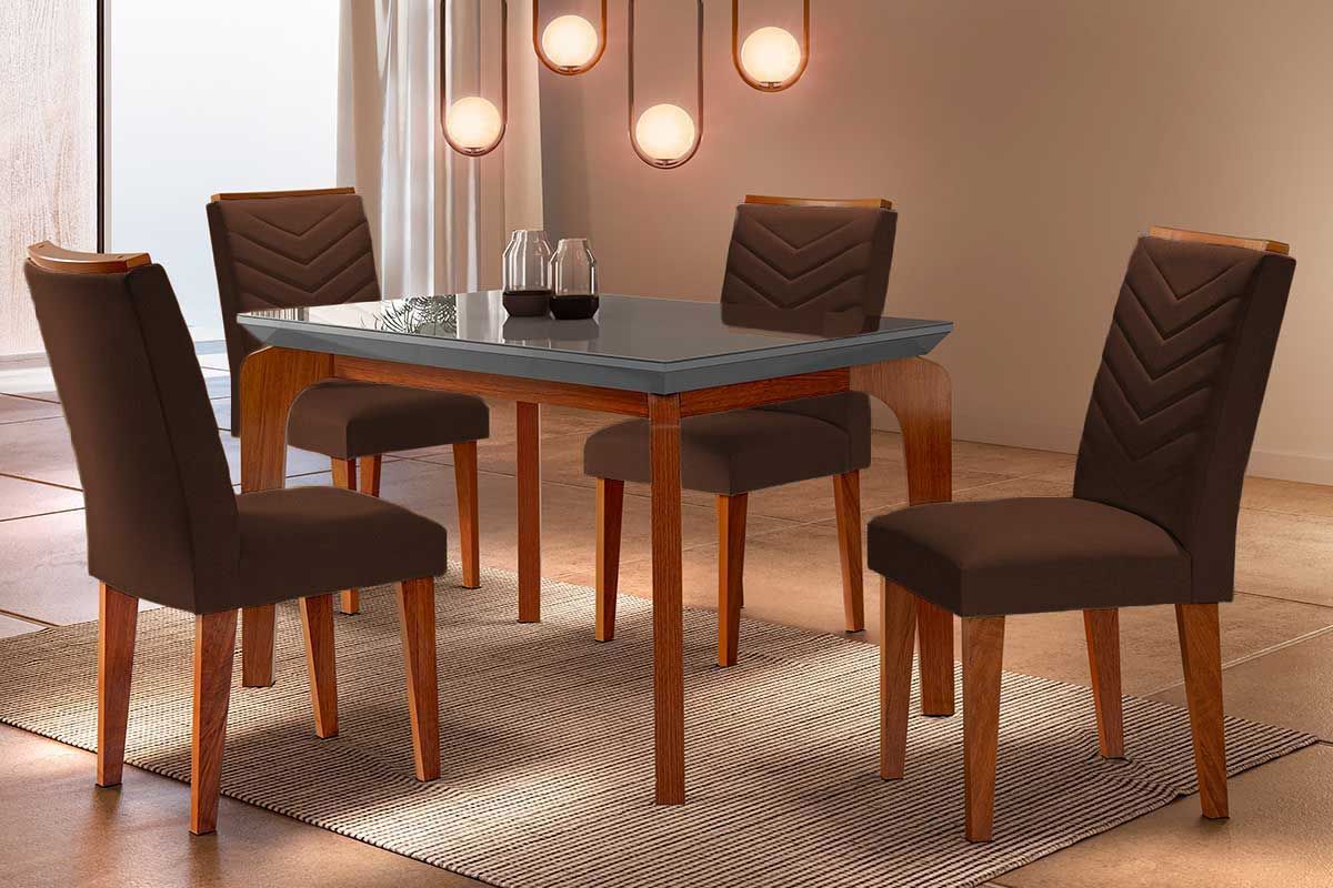Sala Jantar Mesa Londrina c/ Tampo Madeirado c/ Vidro Canto Reto 120x80cm e 4 cadeiras Londrina - Rufato