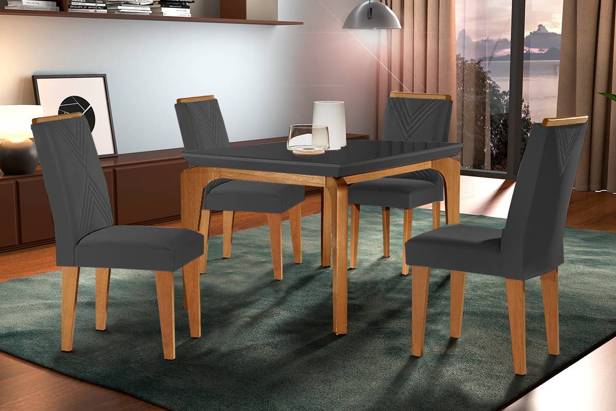Sala Jantar Mesa Londrina c/ Tampo Madeirado c/ Vidro Canto Reto 120x80cm e 4 cadeiras Amsterdã - Rufato