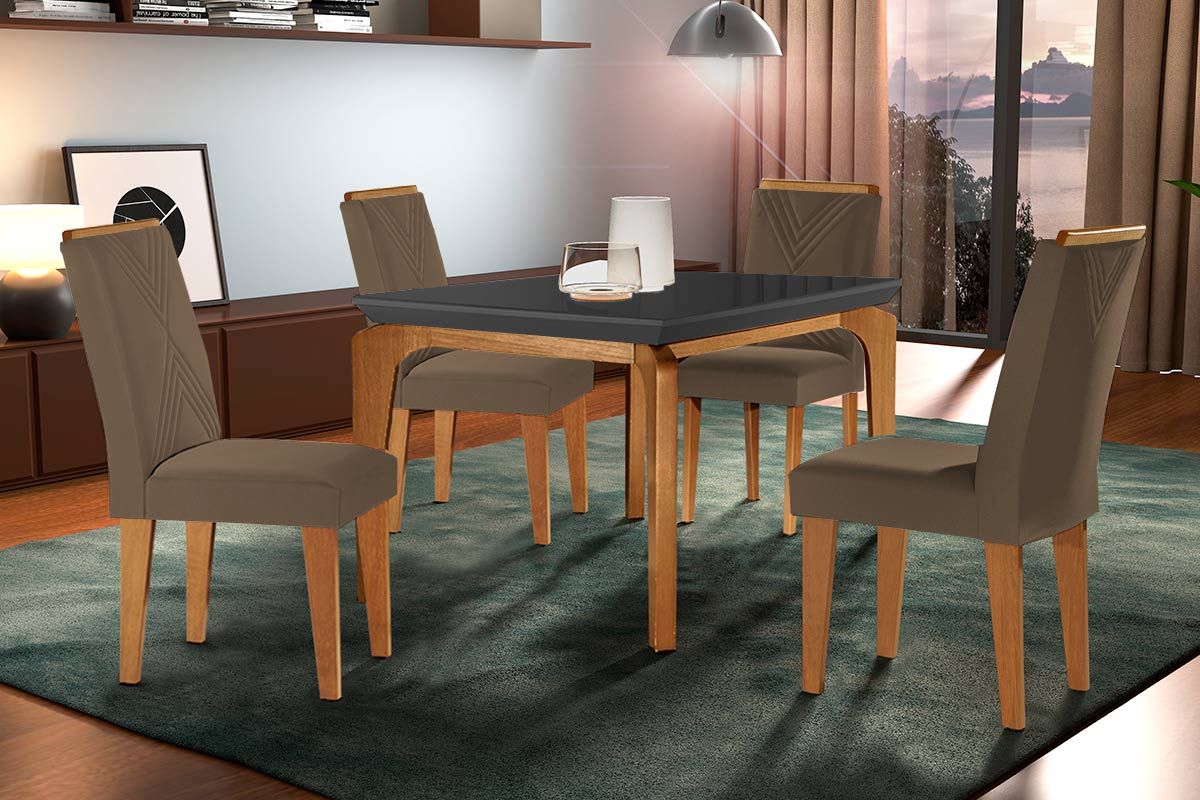 Sala Jantar Mesa Londrina c/ Tampo Madeirado c/ Vidro Canto Reto 120x80cm e 4 cadeiras Amsterdã - Rufato