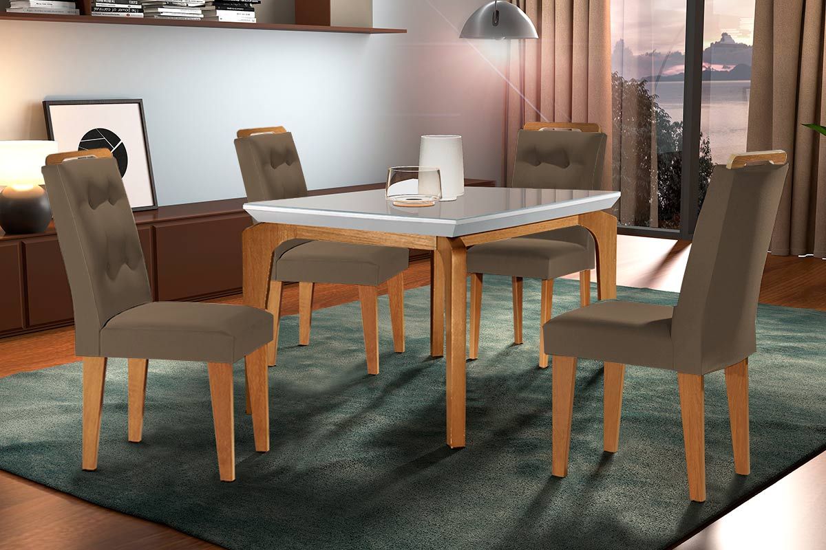 Sala Jantar Mesa Londrina c/ Tampo Madeirado c/ Vidro Canto Reto 120x80cm e 4 cadeiras Imperatriz - Rufato