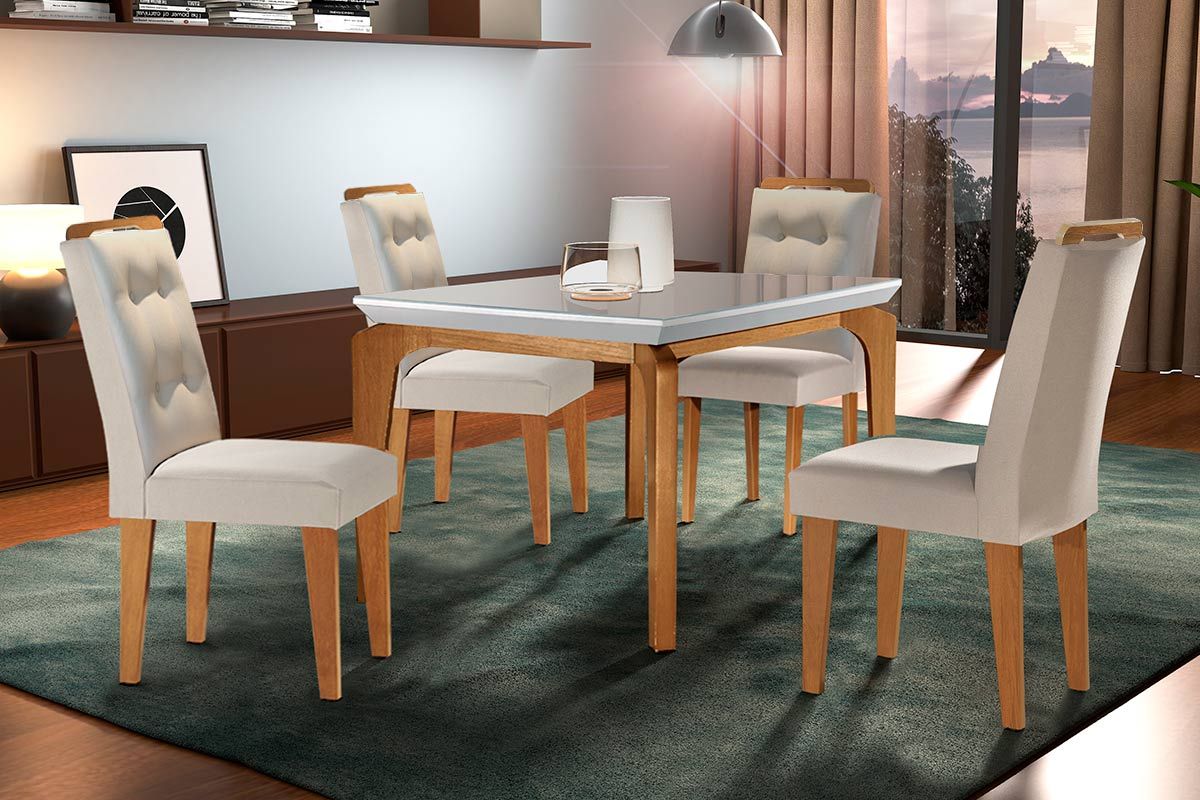 Sala Jantar Mesa Londrina c/ Tampo Madeirado c/ Vidro Canto Reto 120x80cm e 4 cadeiras Imperatriz - Rufato