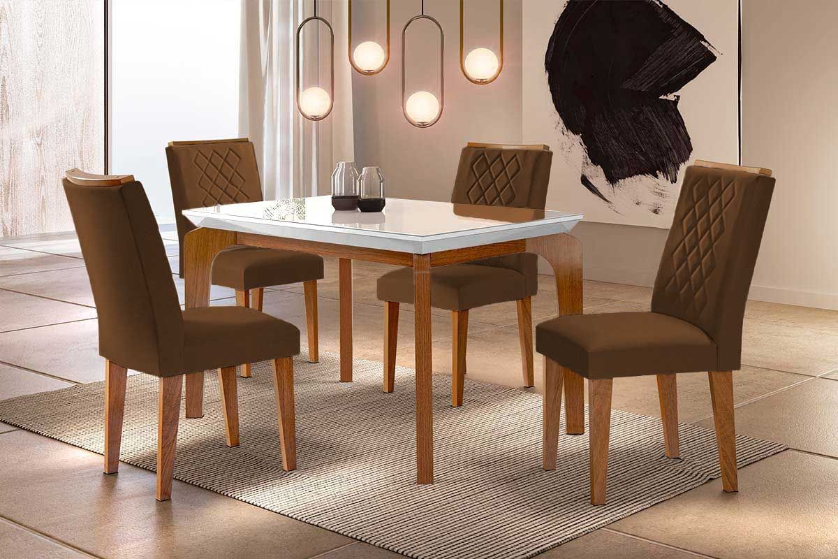 Sala Jantar Mesa Londrina c/ Tampo Madeirado c/ Vidro Canto Reto 120x80cm e 4 cadeiras Jade - Rufato