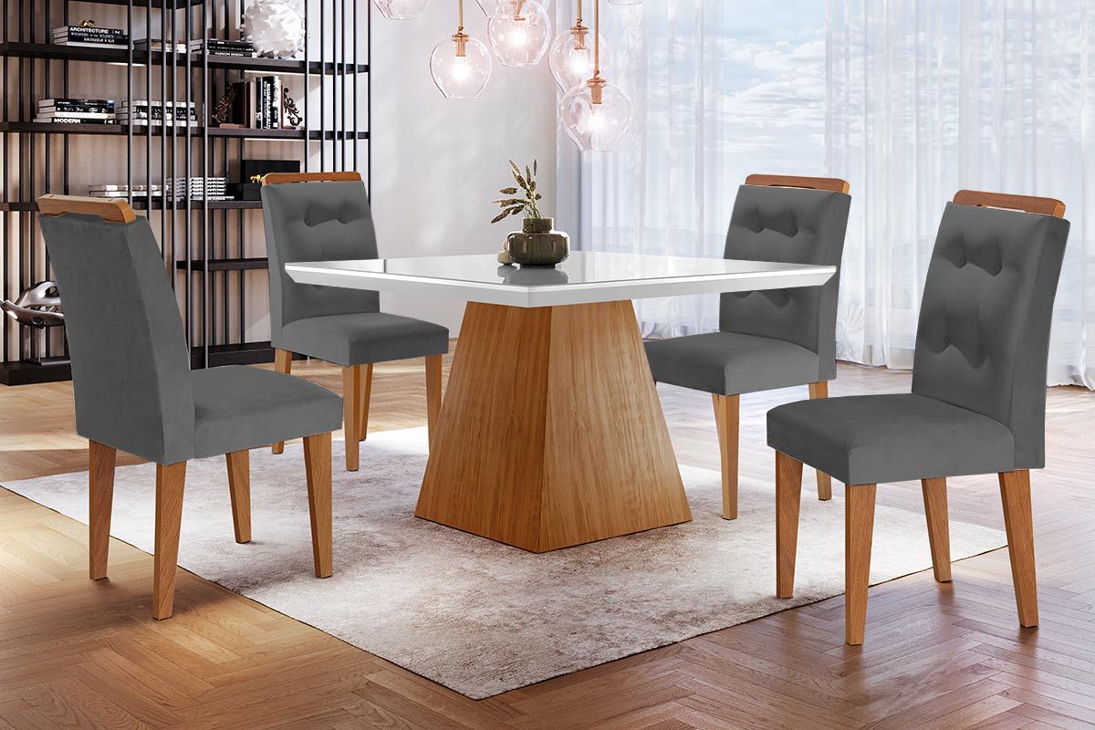 Sala de Jantar Completa Luna c/ Tampo Madeirado c/ Vidro Canto Curvo 90x90cm e 4 cadeiras Imperatriz - Rufato