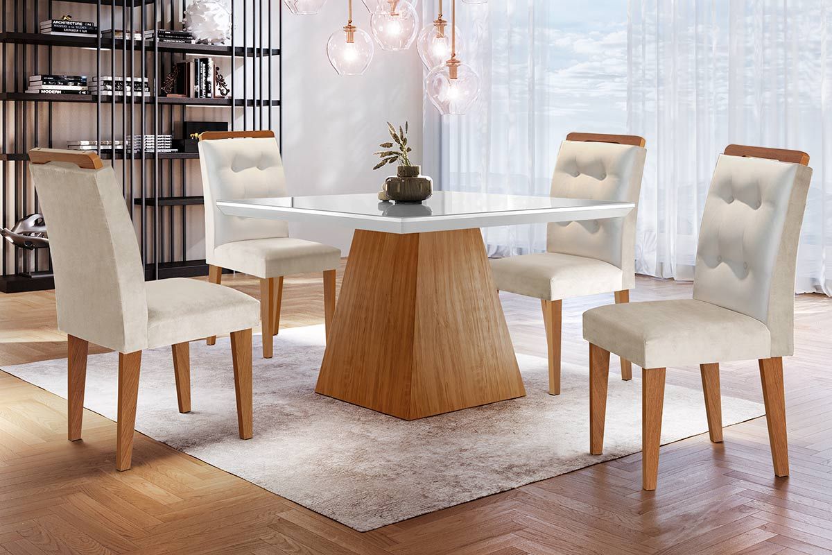 Sala de Jantar Completa Luna c/ Tampo Madeirado c/ Vidro Canto Curvo 90x90cm e 4 cadeiras Imperatriz - Rufato
