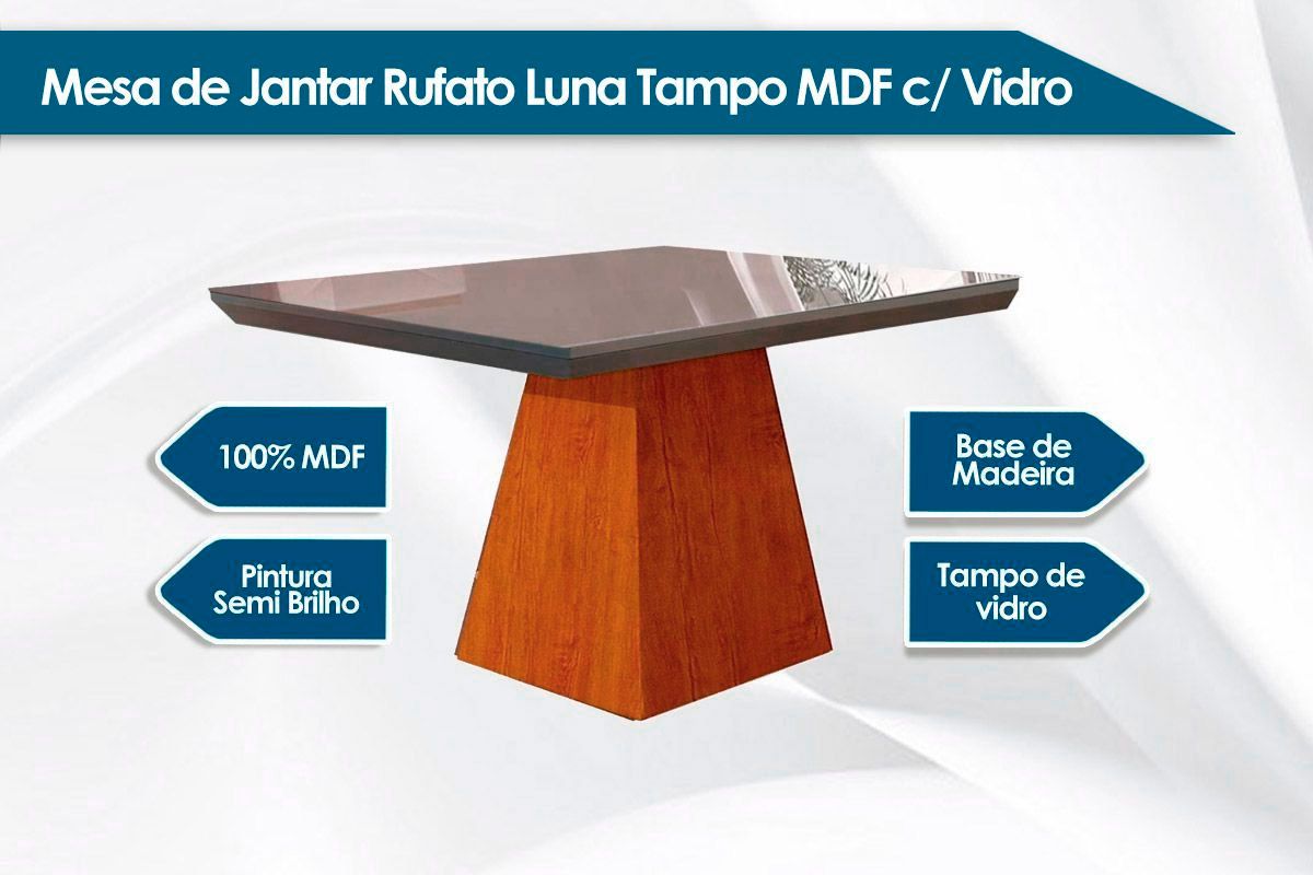 Sala de Jantar Completa Luna c/ Tampo Madeirado c/ Vidro Canto Curvo 90x90cm e 4 cadeiras Imperatriz - Rufato