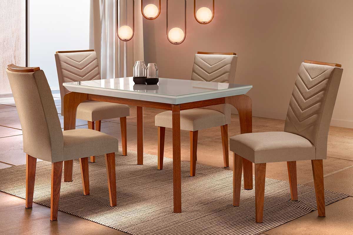 Sala Jantar Mesa Londrina c/ Tampo Madeirado c/ Vidro Canto Reto 120x80cm e 4 cadeiras Londrina - Rufato