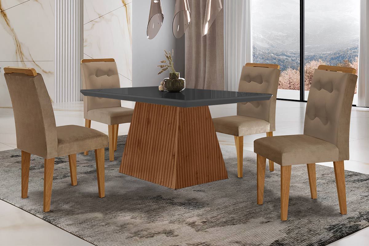 Sala de Jantar Completa Luna c/ Tampo Madeirado c/ Vidro Canto Curvo 120x80cm e 4 cadeiras Imperatriz - Rufato