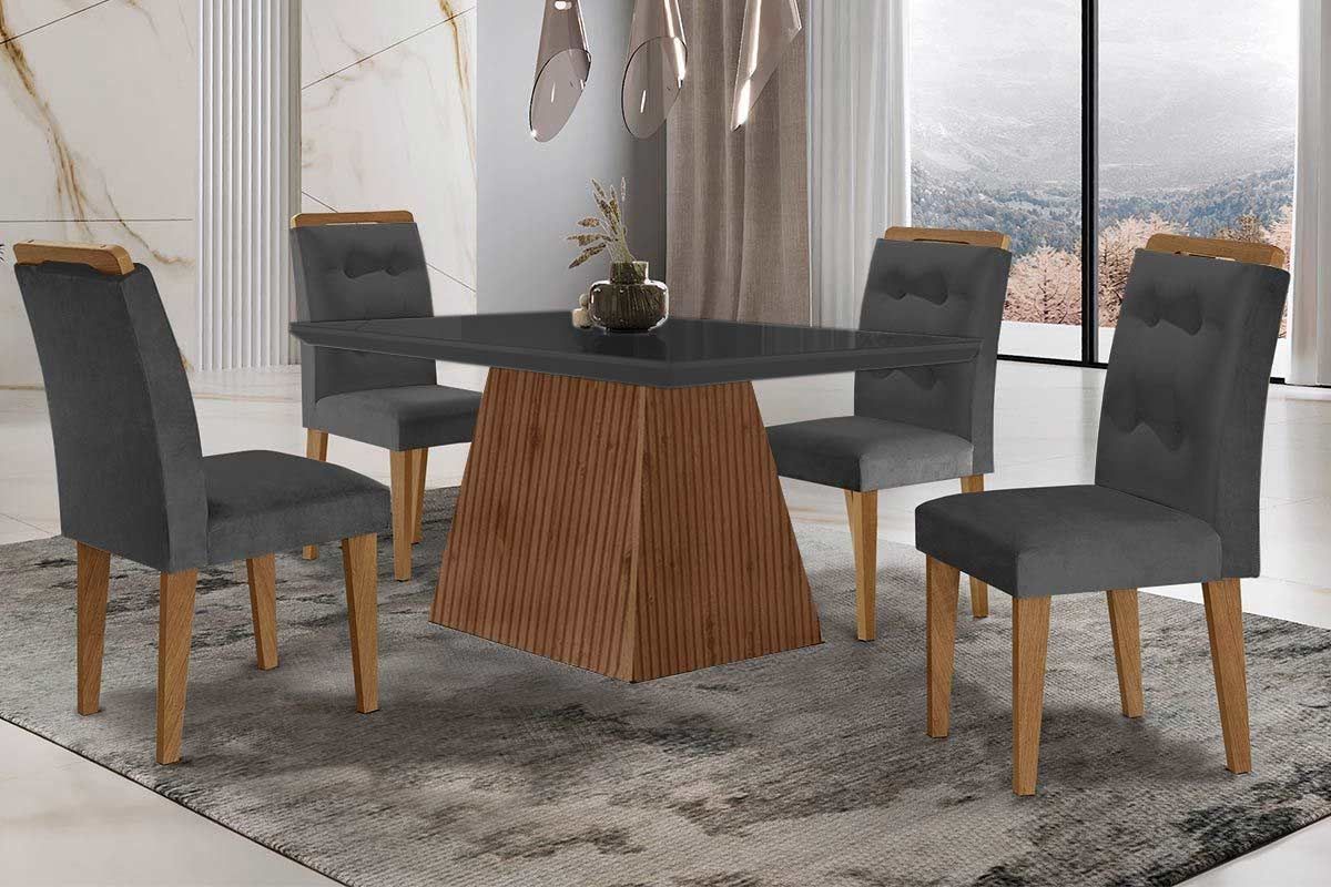 Sala de Jantar Completa Luna c/ Tampo Madeirado c/ Vidro Canto Curvo 120x80cm e 4 cadeiras Imperatriz - Rufato