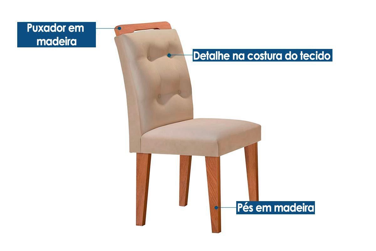 Sala de Jantar Completa Luna c/ Tampo Madeirado c/ Vidro Canto Curvo 120x80cm e 4 cadeiras Imperatriz - Rufato