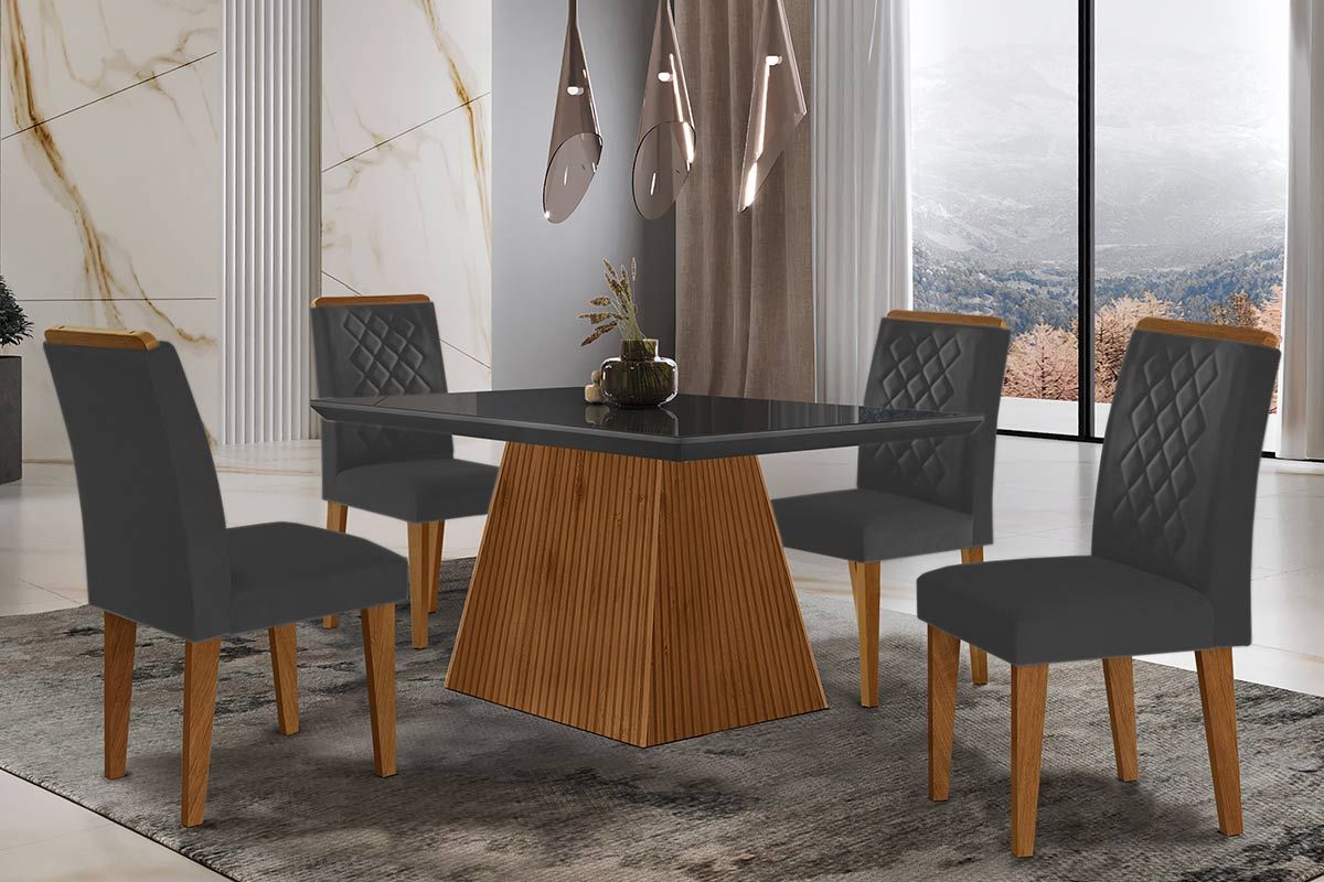 Sala de Jantar Completa Luna c/ Tampo Madeirado c/ Vidro Canto Curvo 120x80cm e 4 cadeiras Jade - Rufato