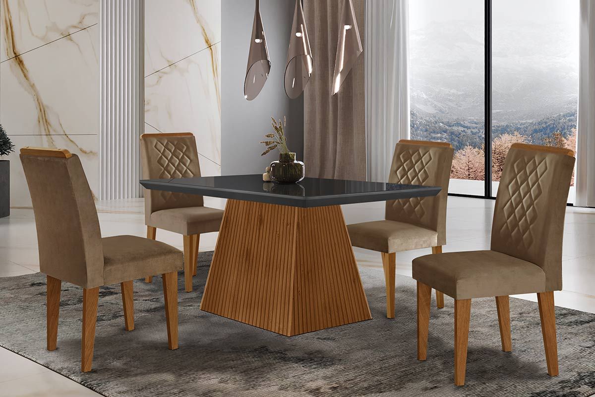 Sala de Jantar Completa Luna c/ Tampo Madeirado c/ Vidro Canto Curvo 120x80cm e 4 cadeiras Jade - Rufato