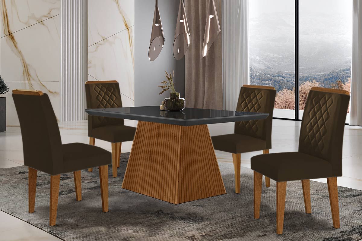Sala de Jantar Completa Luna c/ Tampo Madeirado c/ Vidro Canto Curvo 120x80cm e 4 cadeiras Jade - Rufato