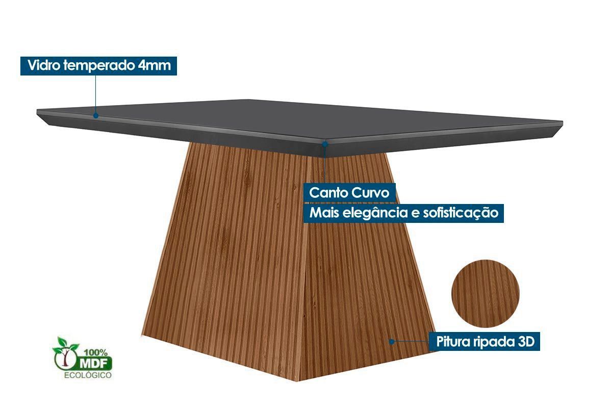 Sala de Jantar Completa Luna c/ Tampo Madeirado c/ Vidro Canto Curvo 120x80cm e 4 cadeiras Jade - Rufato