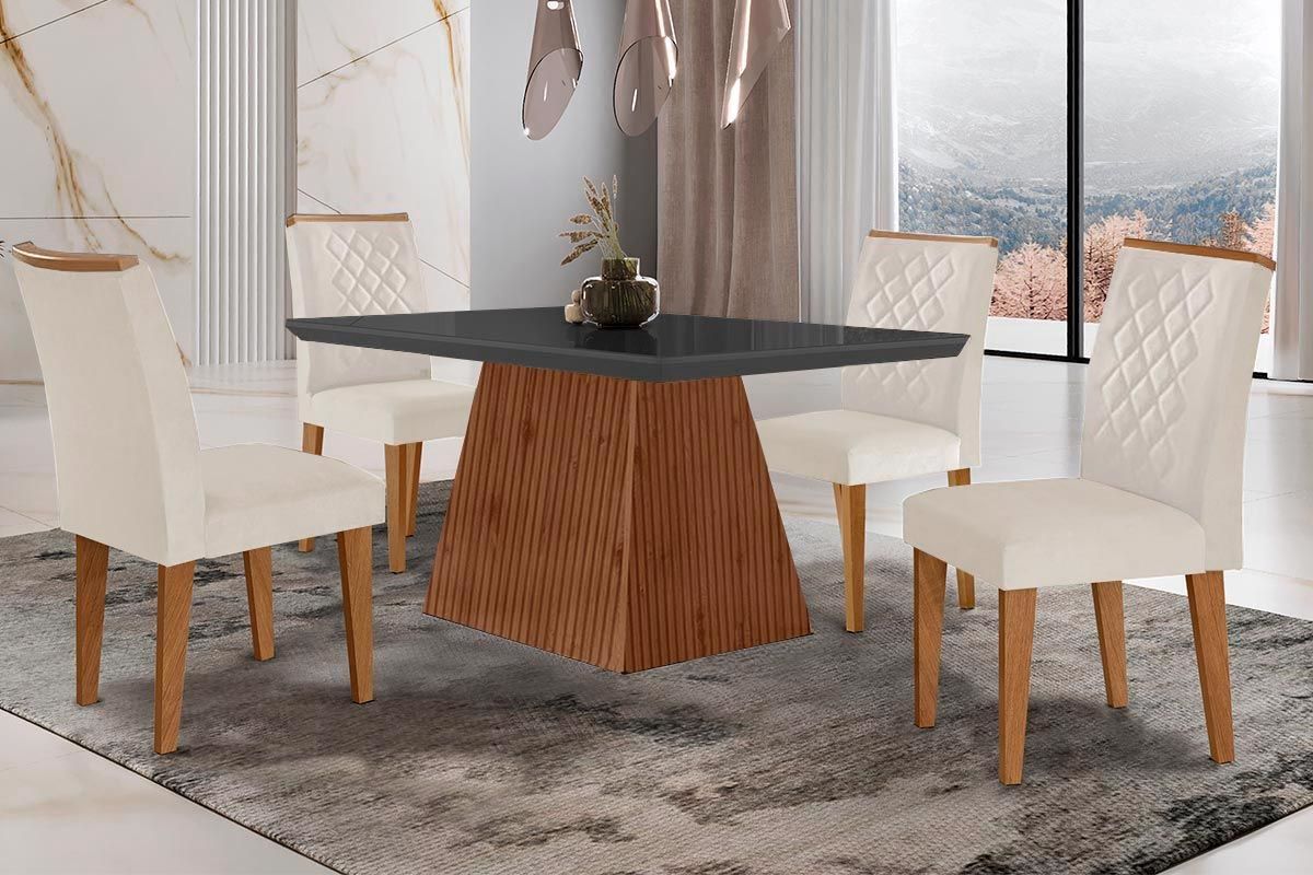 Sala de Jantar Completa Luna c/ Tampo Madeirado c/ Vidro Canto Curvo 120x80cm e 4 cadeiras Jade - Rufato