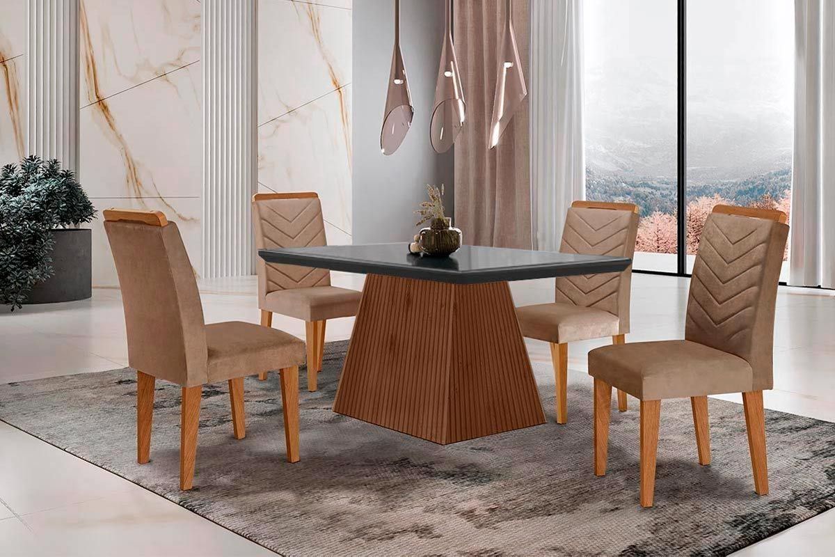 Sala Jantar Mesa Luna c/ Tampo Madeirado c/ Vidro Canto Curvo 120x80cm e 4 cadeiras Londrina - Rufato