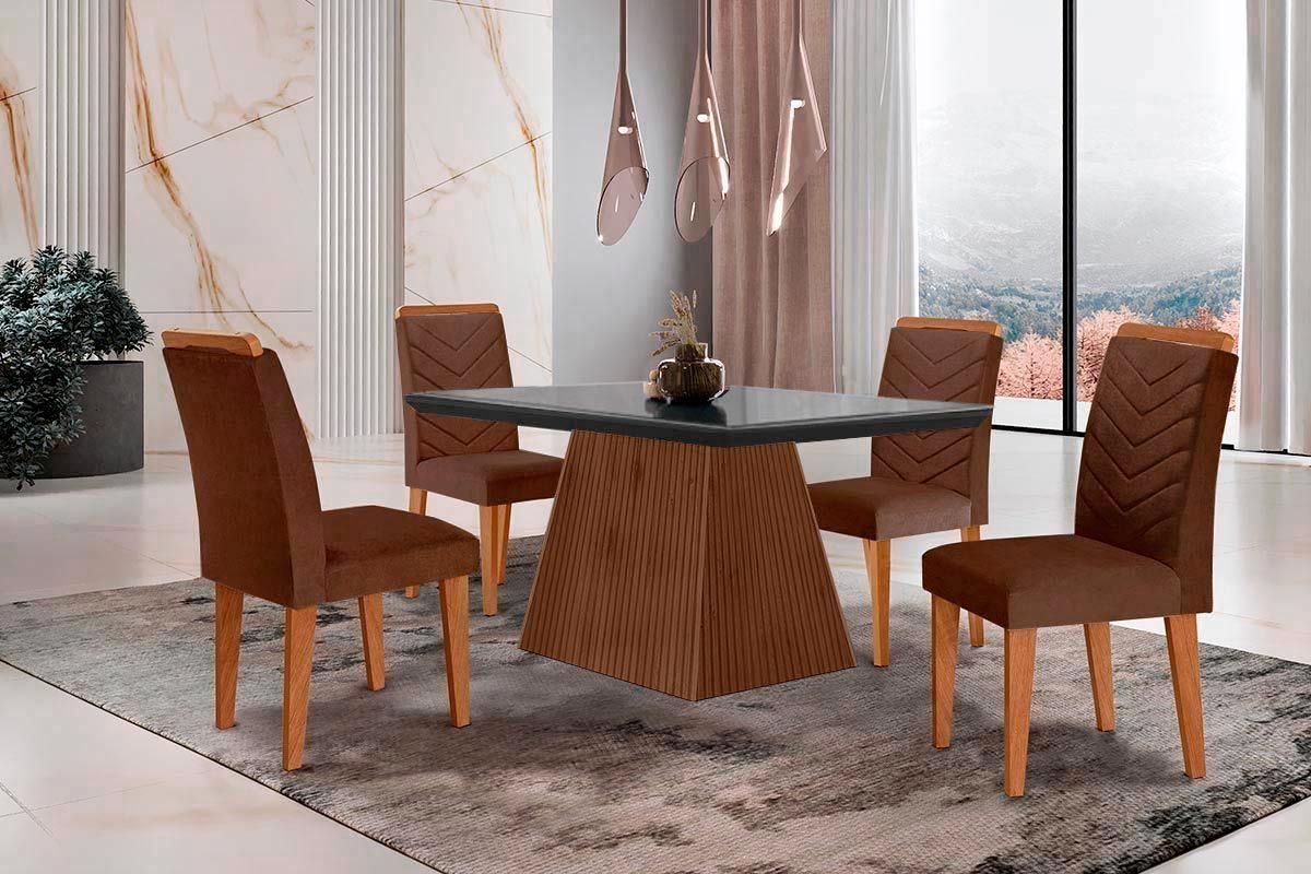 Sala Jantar Mesa Luna c/ Tampo Madeirado c/ Vidro Canto Curvo 120x80cm e 4 cadeiras Londrina - Rufato