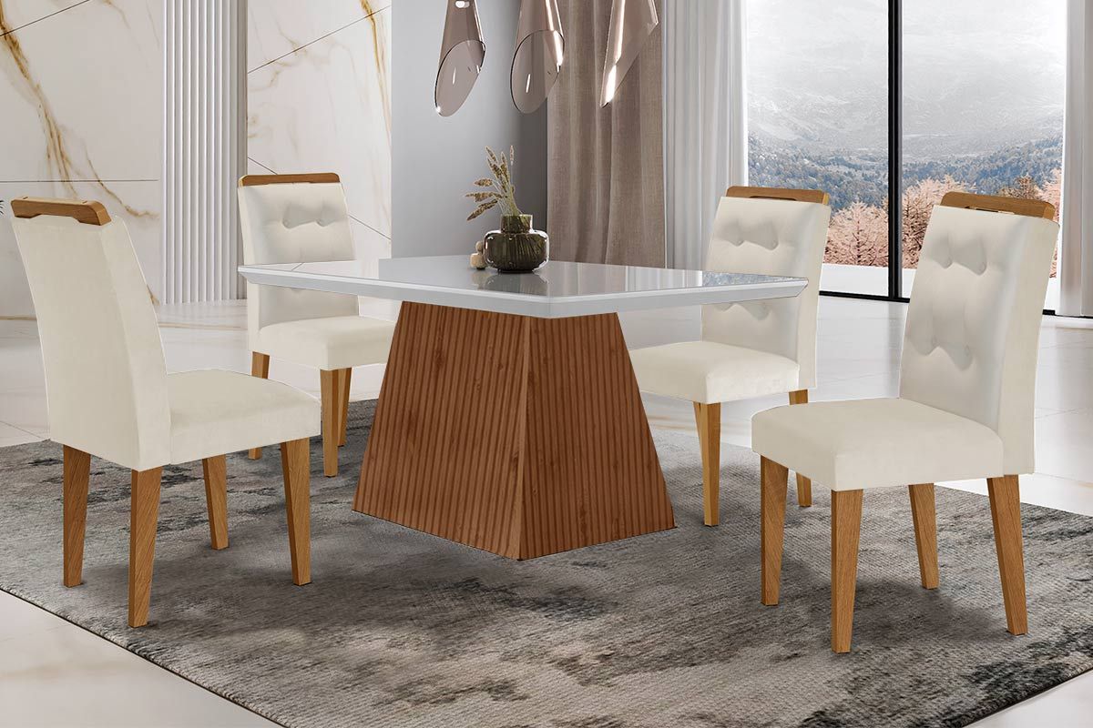 Sala de Jantar Completa Luna c/ Tampo Madeirado c/ Vidro Canto Curvo 120x80cm e 4 cadeiras Imperatriz - Rufato