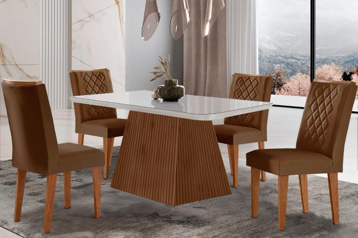 Sala de Jantar Completa Luna c/ Tampo Madeirado c/ Vidro Canto Curvo 120x80cm e 4 cadeiras Jade - Rufato