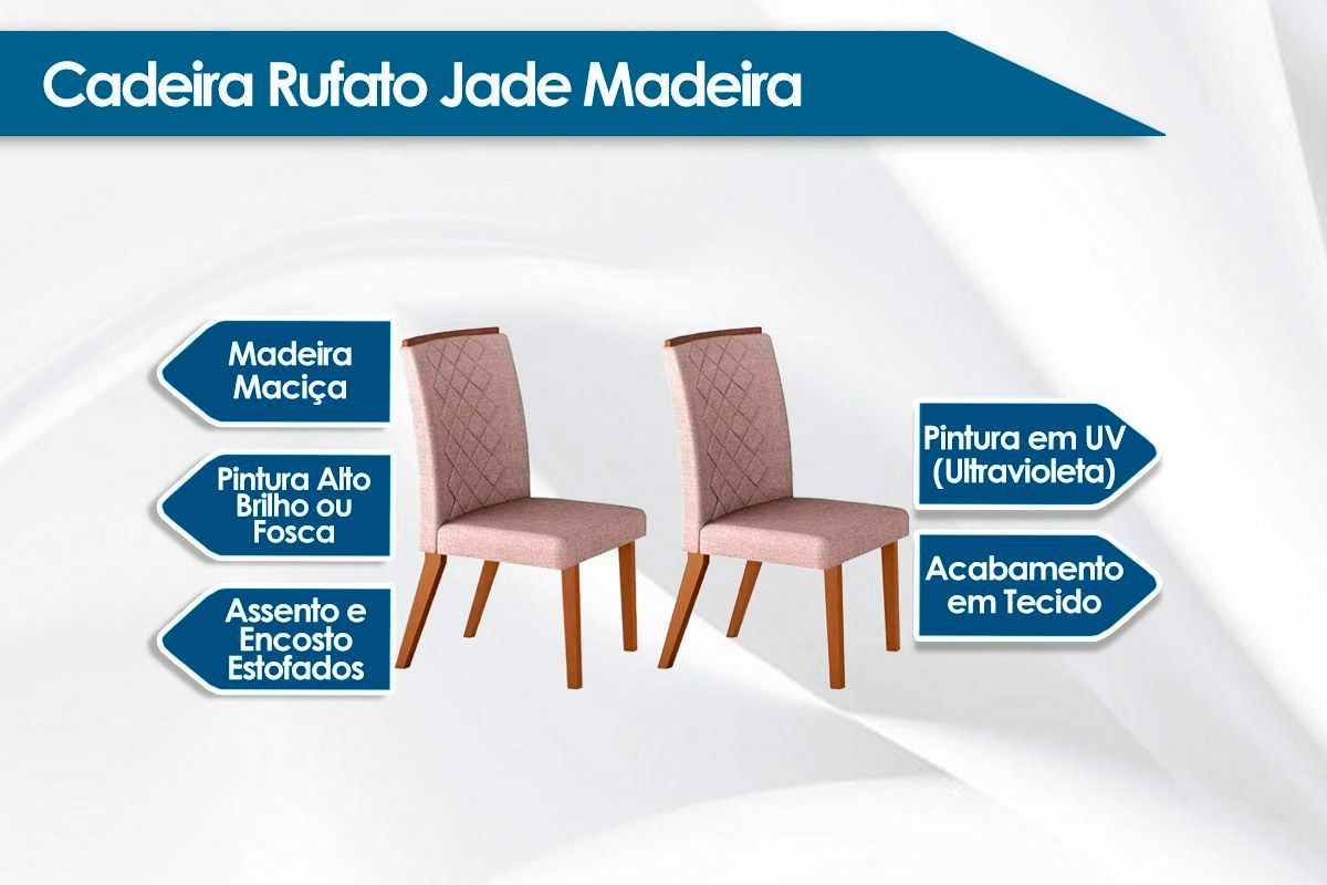 Sala de Jantar Completa Luna c/ Tampo Madeirado c/ Vidro Canto Curvo 120x80cm e 4 cadeiras Jade - Rufato