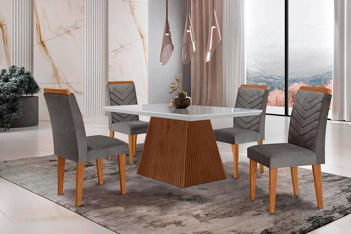 Sala Jantar Mesa Luna c/ Tampo Madeirado c/ Vidro Canto Curvo 120x80cm e 4 cadeiras Londrina - Rufato
