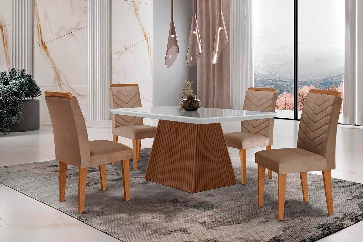 Sala Jantar Mesa Luna c/ Tampo Madeirado c/ Vidro Canto Curvo 120x80cm e 4 cadeiras Londrina - Rufato