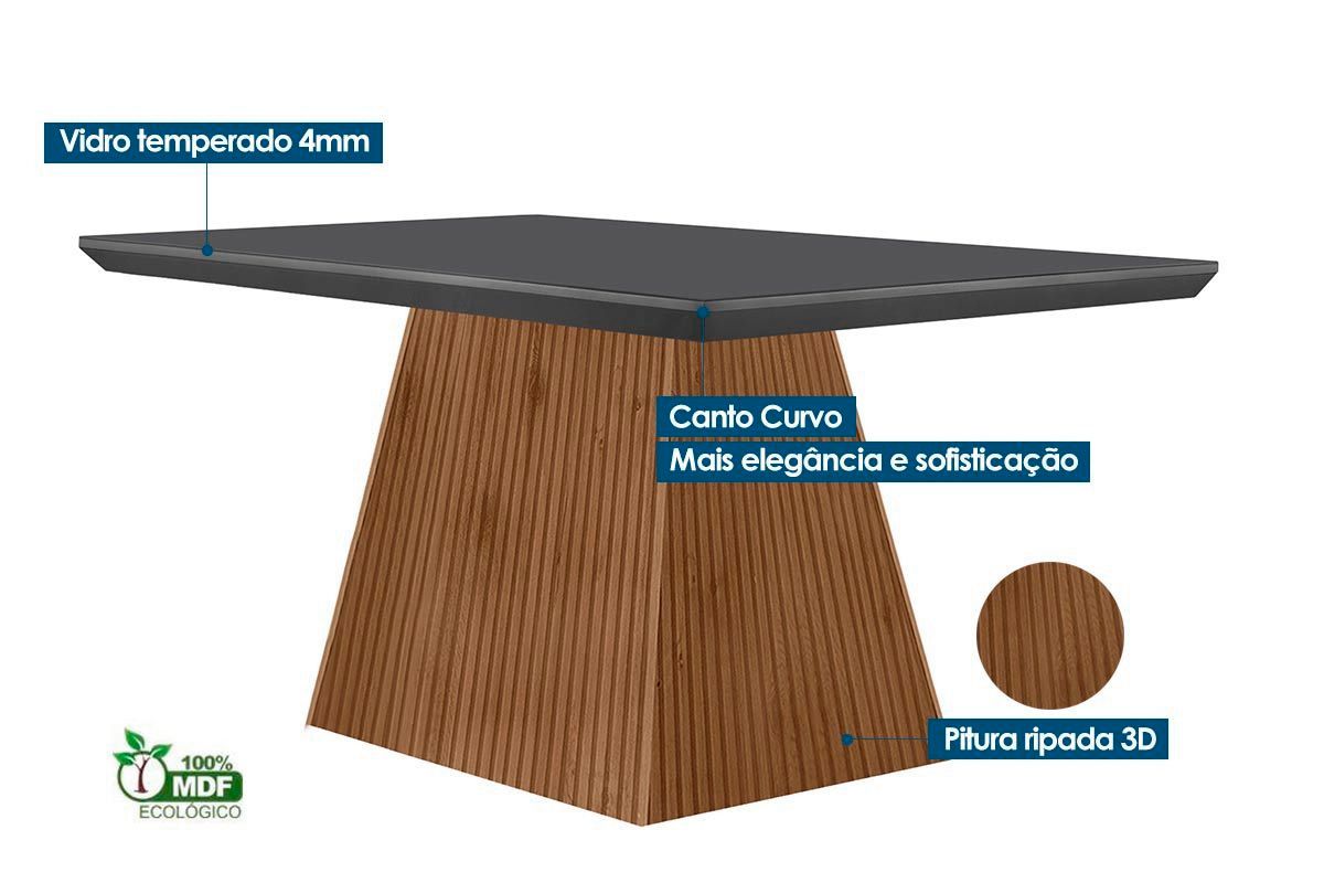 Sala Jantar Mesa Luna c/ Tampo Madeirado c/ Vidro Canto Curvo 120x80cm e 4 cadeiras Londrina - Rufato