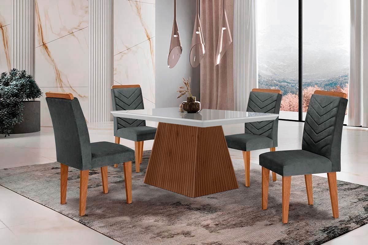 Sala Jantar Mesa Luna c/ Tampo Madeirado c/ Vidro Canto Curvo 120x80cm e 4 cadeiras Londrina - Rufato