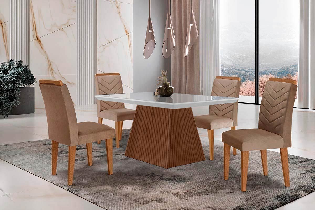 Sala Jantar Mesa Luna c/ Tampo Madeirado c/ Vidro Canto Curvo 120x80cm e 4 cadeiras Londrina - Rufato